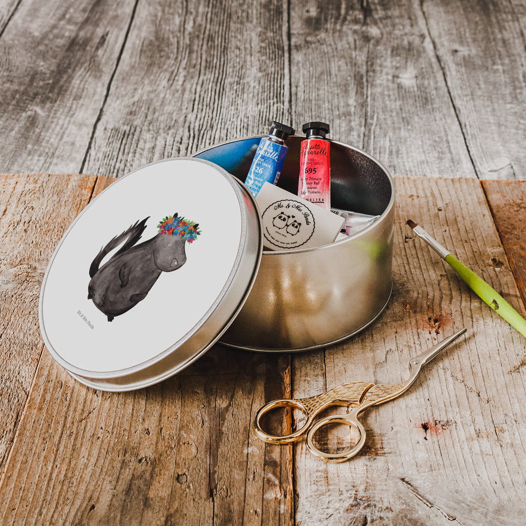 Blechdose rund Stinktier Blumenmaedchen Metalldose, Keksdose, Dose, Vorratsdose, Geschenkbox, Stinktier, Skunk, Wildtier, Raubtier, Stinker, Stinki, Yoga, Namaste, Lebe, Liebe, Lache