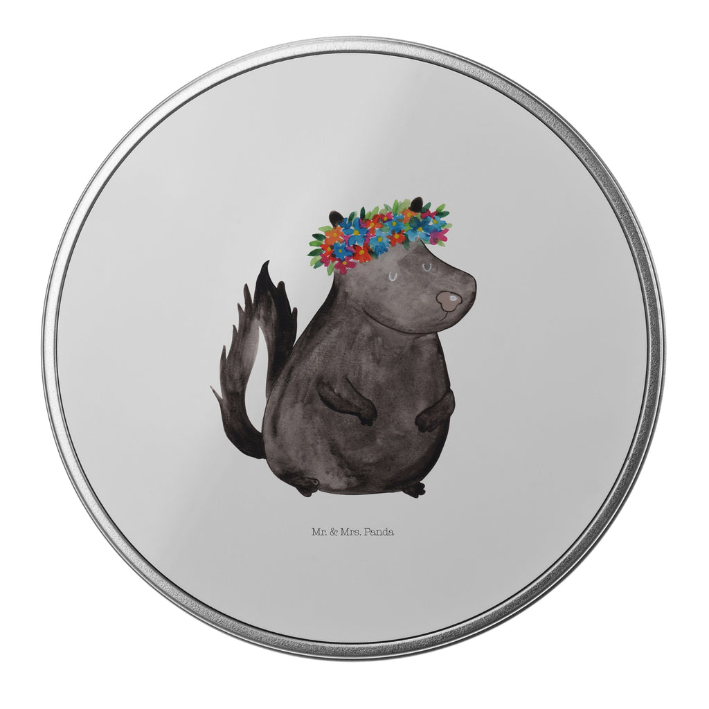 Blechdose rund Stinktier Blumenmaedchen Metalldose, Keksdose, Dose, Vorratsdose, Geschenkbox, Stinktier, Skunk, Wildtier, Raubtier, Stinker, Stinki, Yoga, Namaste, Lebe, Liebe, Lache