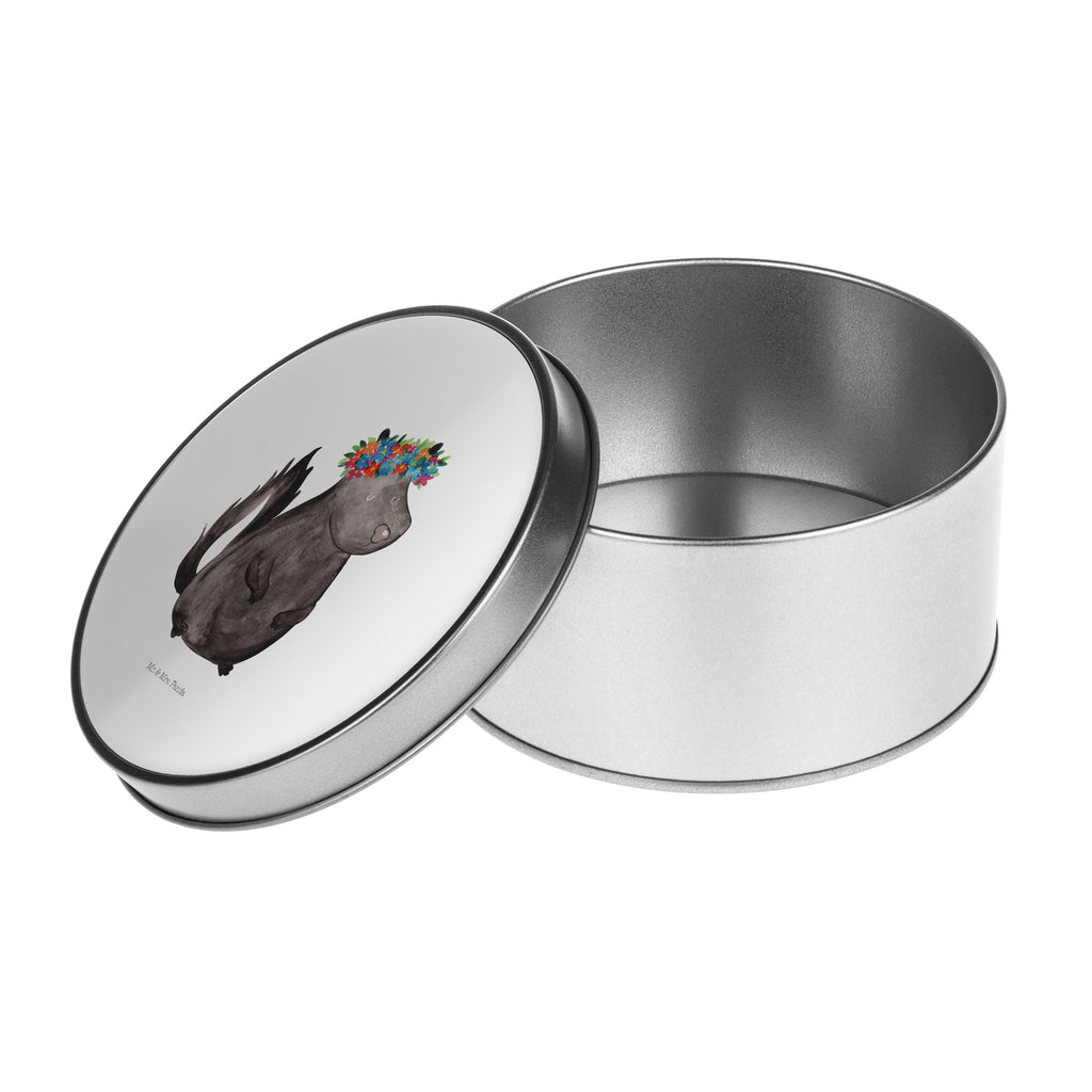 Blechdose rund Stinktier Blumenmaedchen Metalldose, Keksdose, Dose, Vorratsdose, Geschenkbox, Stinktier, Skunk, Wildtier, Raubtier, Stinker, Stinki, Yoga, Namaste, Lebe, Liebe, Lache