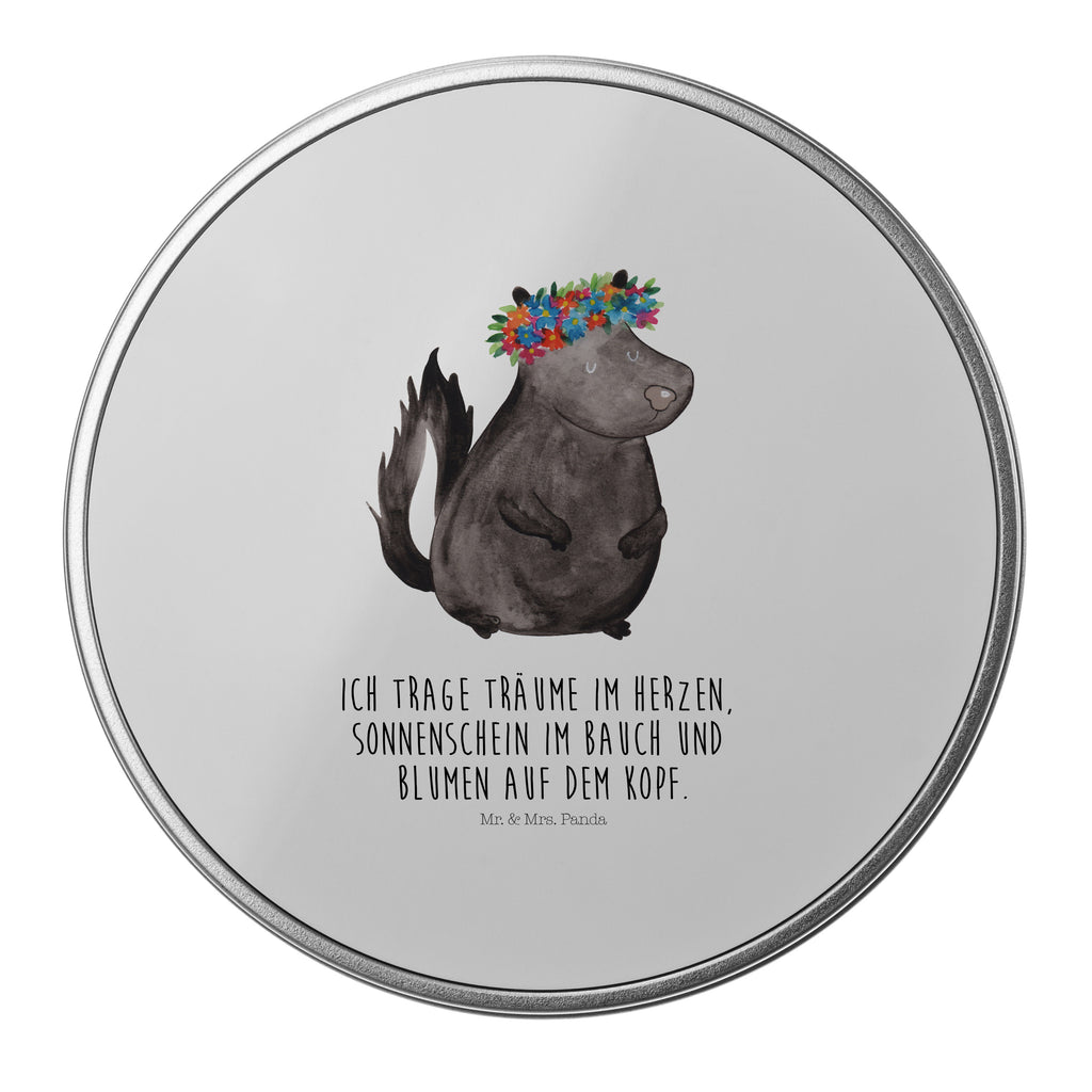 Blechdose rund Stinktier Blumenmaedchen Metalldose, Keksdose, Dose, Vorratsdose, Geschenkbox, Stinktier, Skunk, Wildtier, Raubtier, Stinker, Stinki, Yoga, Namaste, Lebe, Liebe, Lache