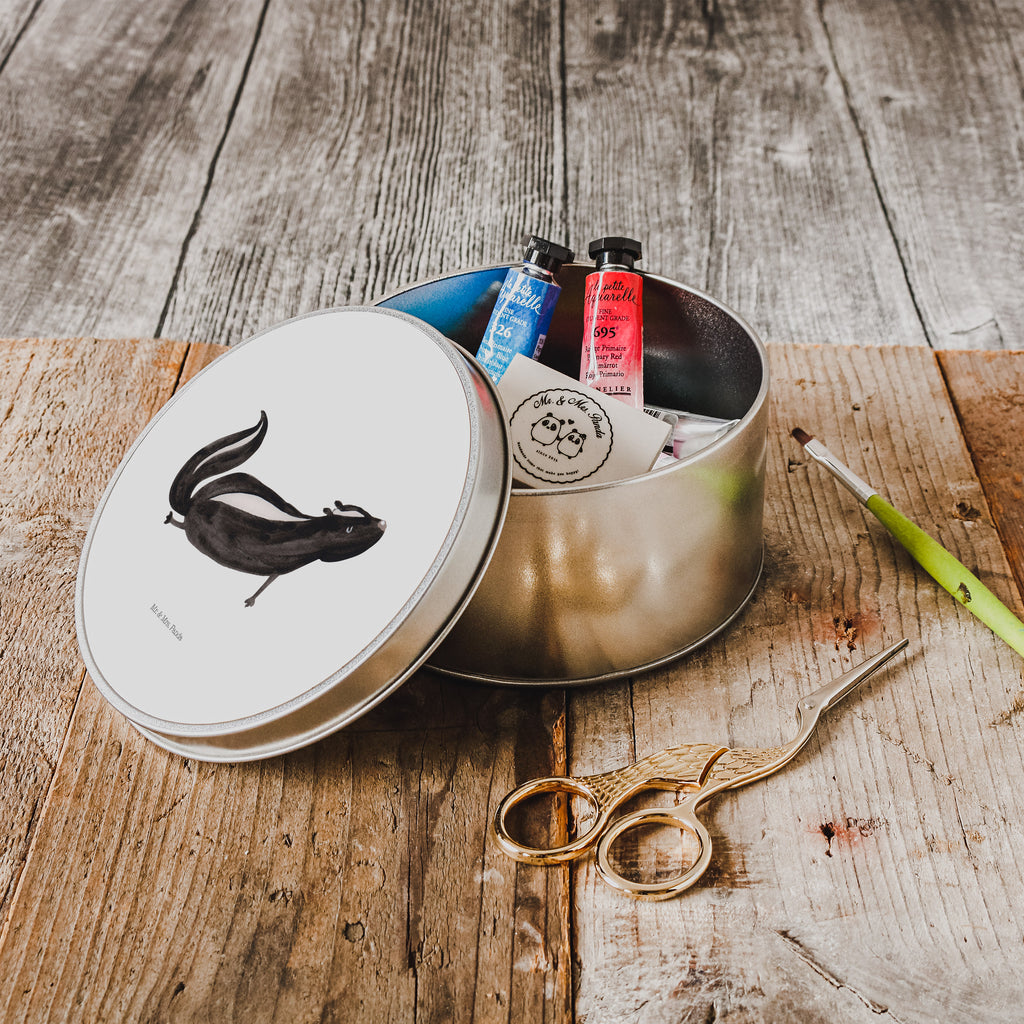 Blechdose rund Stinktier Yoga Metalldose, Keksdose, Dose, Vorratsdose, Geschenkbox, Stinktier, Skunk, Wildtier, Raubtier, Stinker, Stinki, Yoga, Namaste, Lebe, Liebe, Lache