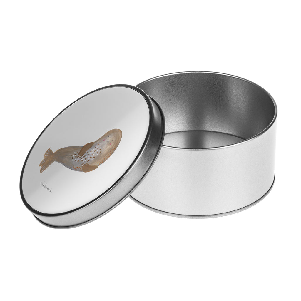 Blechdose rund Robbe lachend Metalldose, Keksdose, Dose, Vorratsdose, Geschenkbox, Tiermotive, Gute Laune, lustige Sprüche, Tiere, Robbe, Robben, Seehund, Strand, Meerestier, Ostsee, Nordsee