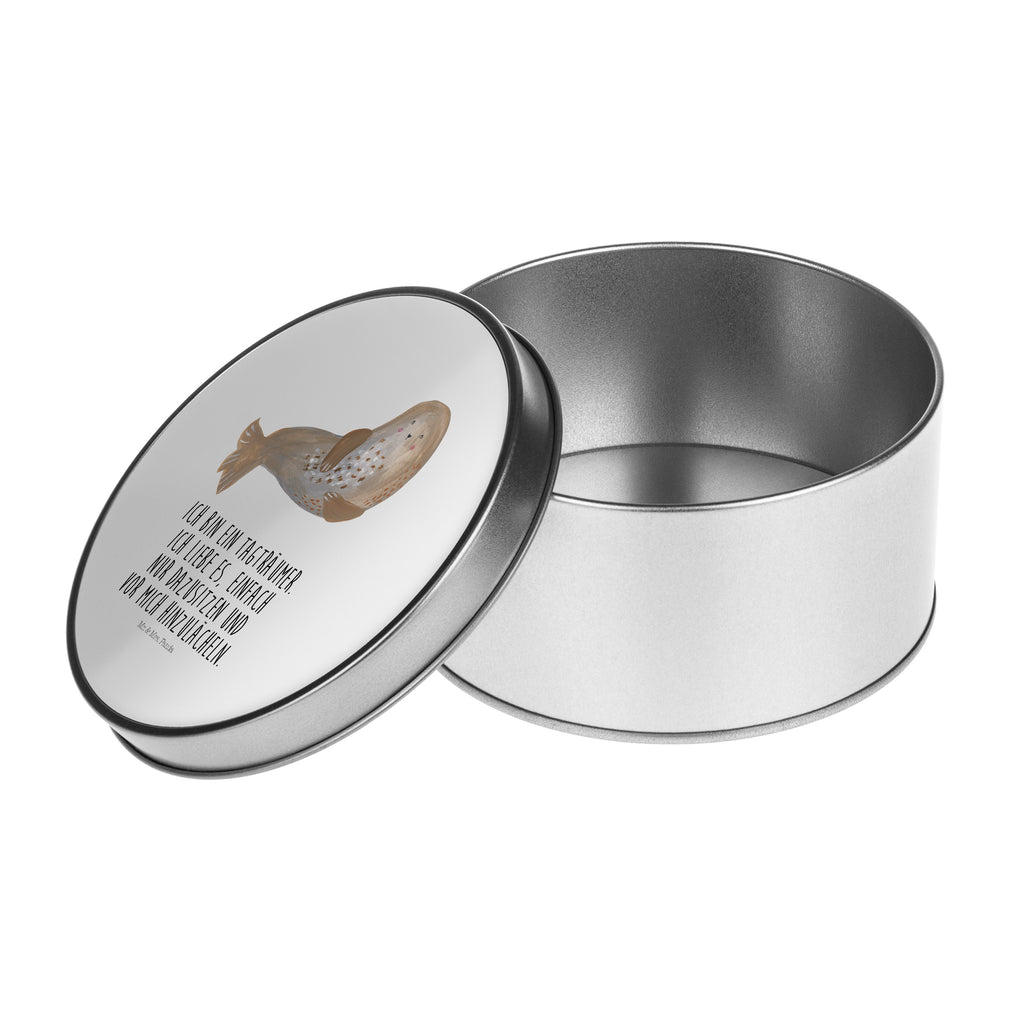 Blechdose rund Robbe lachend Metalldose, Keksdose, Dose, Vorratsdose, Geschenkbox, Tiermotive, Gute Laune, lustige Sprüche, Tiere, Robbe, Robben, Seehund, Strand, Meerestier, Ostsee, Nordsee