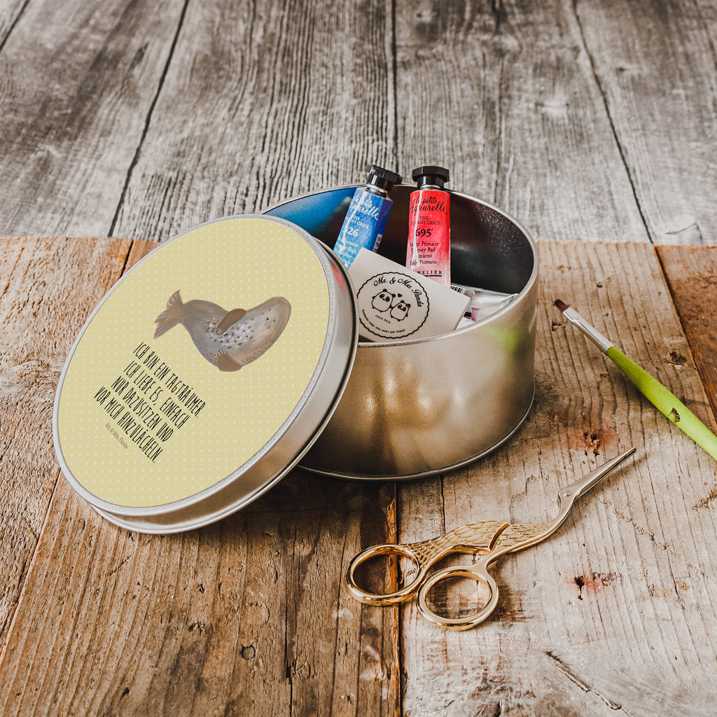 Blechdose rund Robbe lachend Metalldose, Keksdose, Dose, Vorratsdose, Geschenkbox, Tiermotive, Gute Laune, lustige Sprüche, Tiere, Robbe, Robben, Seehund, Strand, Meerestier, Ostsee, Nordsee