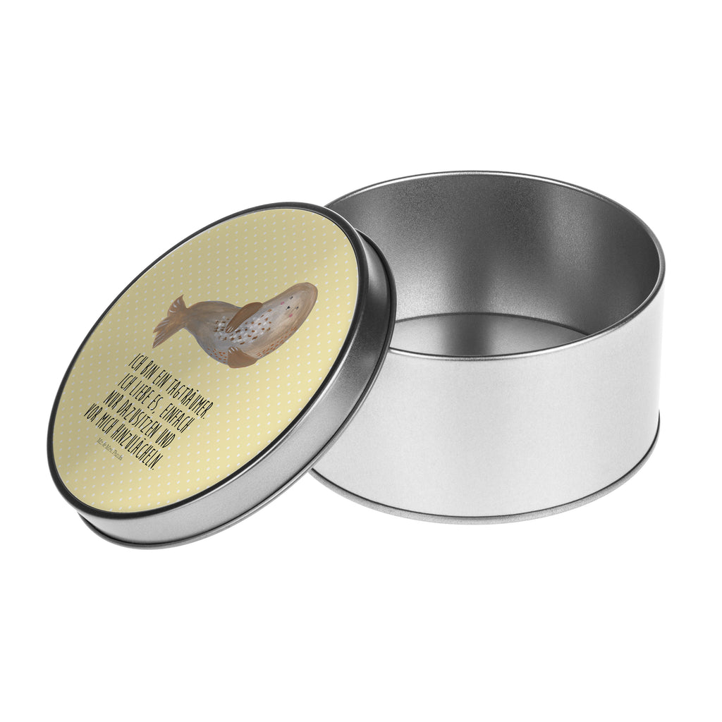 Blechdose rund Robbe lachend Metalldose, Keksdose, Dose, Vorratsdose, Geschenkbox, Tiermotive, Gute Laune, lustige Sprüche, Tiere, Robbe, Robben, Seehund, Strand, Meerestier, Ostsee, Nordsee