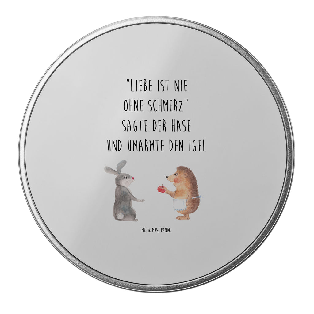 Blechdose rund Liebe ist nie ohne Schmerz Metalldose, Keksdose, Dose, Vorratsdose, Geschenkbox, Tiermotive, Gute Laune, lustige Sprüche, Tiere, Igel und Hase, Igel, Hase, Liebe Spruch, Liebeskummer Geschenk, Herzschmerz, Trösten, Trennungsschmerz, Spruch romantisch