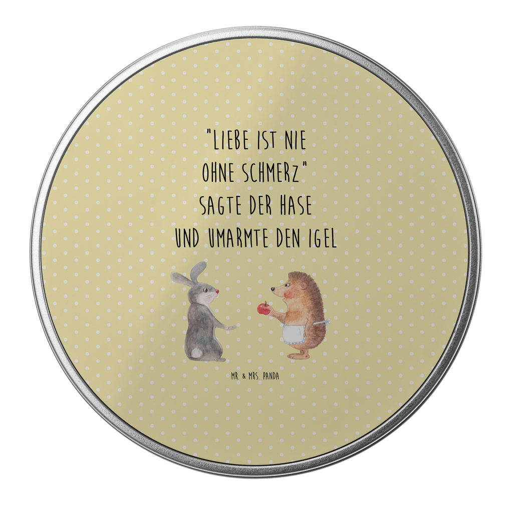 Blechdose rund Liebe ist nie ohne Schmerz Metalldose, Keksdose, Dose, Vorratsdose, Geschenkbox, Tiermotive, Gute Laune, lustige Sprüche, Tiere, Igel und Hase, Igel, Hase, Liebe Spruch, Liebeskummer Geschenk, Herzschmerz, Trösten, Trennungsschmerz, Spruch romantisch