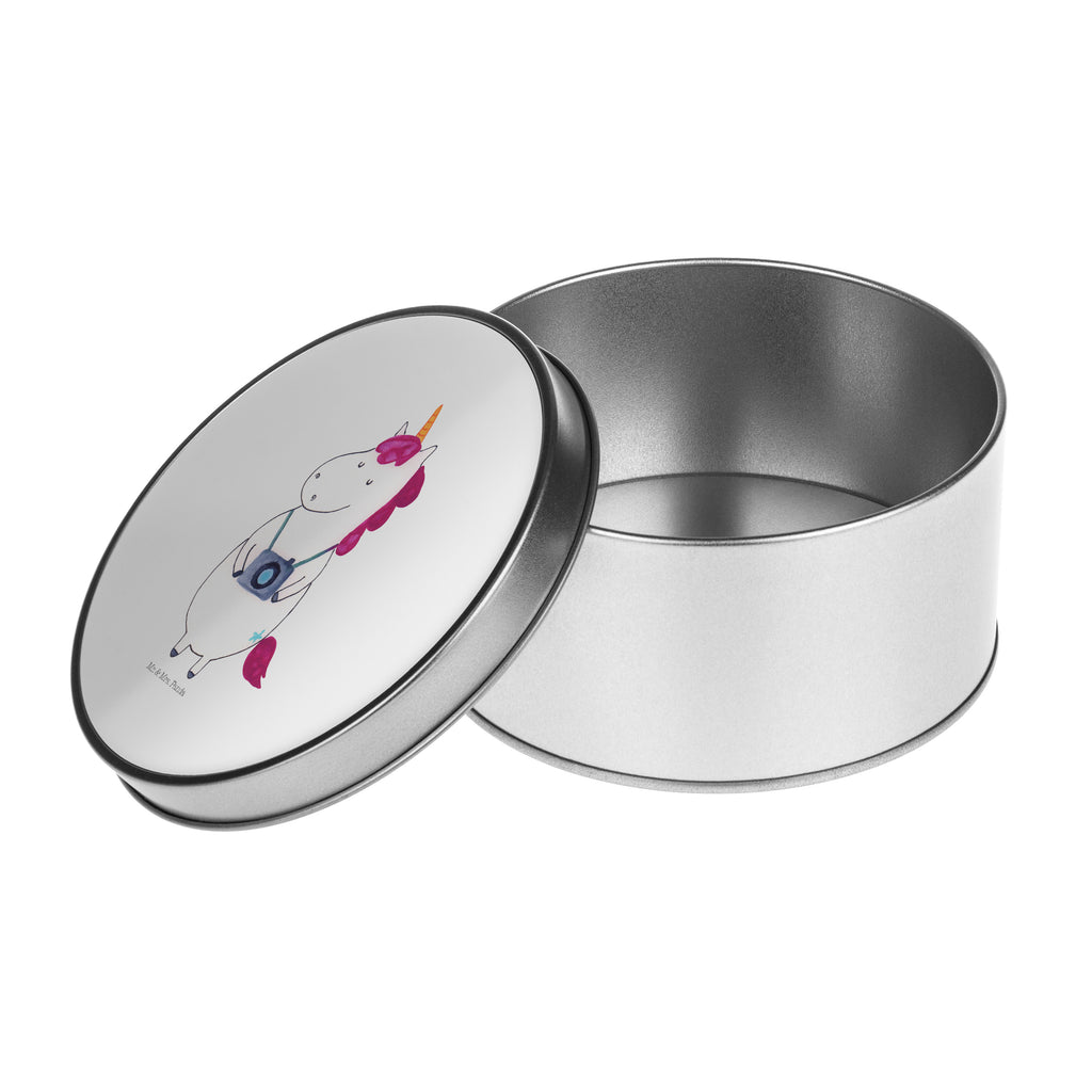 Blechdose rund Einhorn Fotograf Metalldose, Keksdose, Dose, Vorratsdose, Geschenkbox, Einhorn, Einhörner, Einhorn Deko, Pegasus, Unicorn, Fotograf, Fotografie, Kamera, Reisen, Weltreise, Weltenbummler, Urlaub, Tourist, Kurztrip, Reise, Städtereise