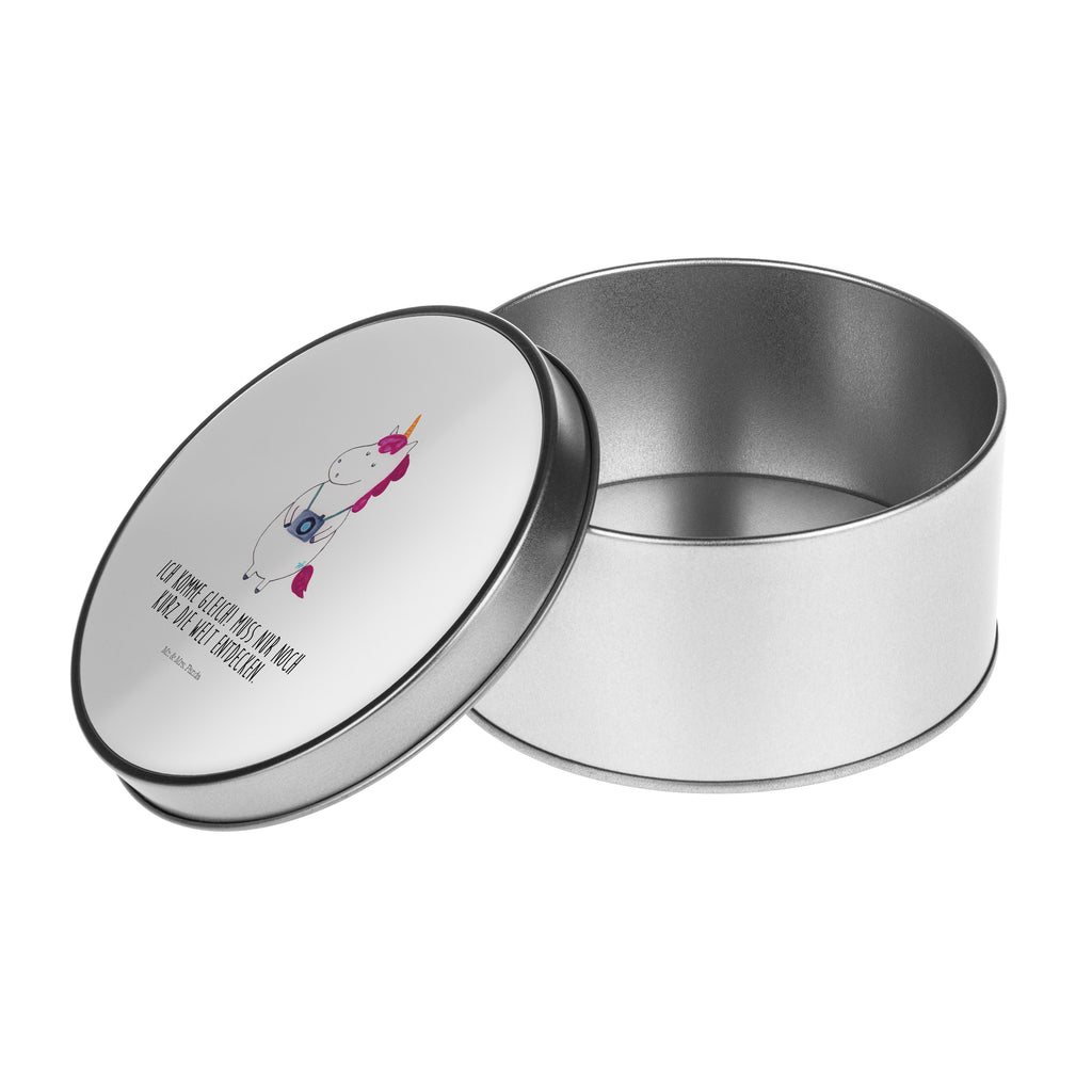 Blechdose rund Einhorn Fotograf Metalldose, Keksdose, Dose, Vorratsdose, Geschenkbox, Einhorn, Einhörner, Einhorn Deko, Pegasus, Unicorn, Fotograf, Fotografie, Kamera, Reisen, Weltreise, Weltenbummler, Urlaub, Tourist, Kurztrip, Reise, Städtereise