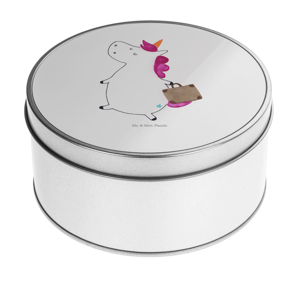 Blechdose rund Einhorn Koffer Metalldose, Keksdose, Dose, Vorratsdose, Geschenkbox, Einhorn, Einhörner, Einhorn Deko, Pegasus, Unicorn, unicorn, Koffer, Verreisen, Reise, Gepäck, Abenteuer, Erwachsen, Kind, albern, Spaß, lustig, witzig