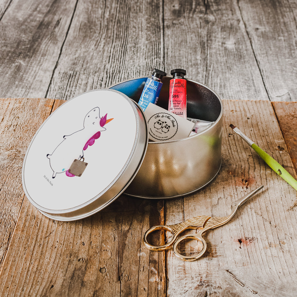 Blechdose rund Einhorn Koffer Metalldose, Keksdose, Dose, Vorratsdose, Geschenkbox, Einhorn, Einhörner, Einhorn Deko, Pegasus, Unicorn, unicorn, Koffer, Verreisen, Reise, Gepäck, Abenteuer, Erwachsen, Kind, albern, Spaß, lustig, witzig