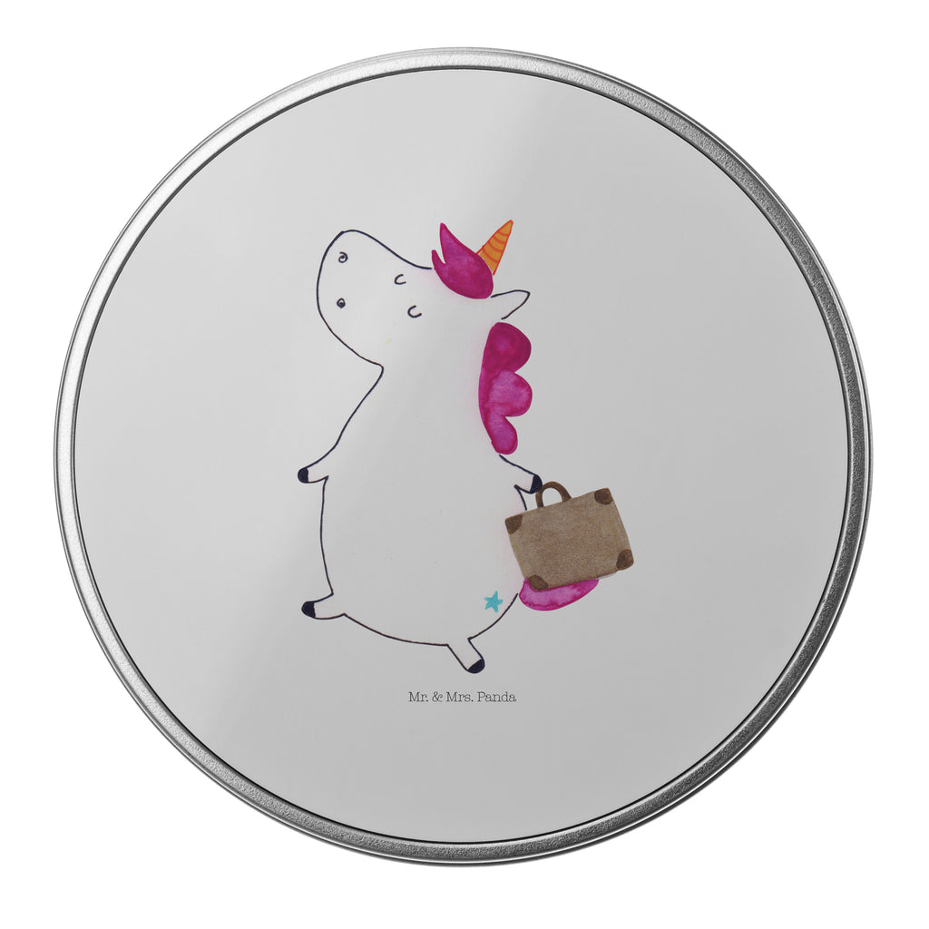 Blechdose rund Einhorn Koffer Metalldose, Keksdose, Dose, Vorratsdose, Geschenkbox, Einhorn, Einhörner, Einhorn Deko, Pegasus, Unicorn, unicorn, Koffer, Verreisen, Reise, Gepäck, Abenteuer, Erwachsen, Kind, albern, Spaß, lustig, witzig