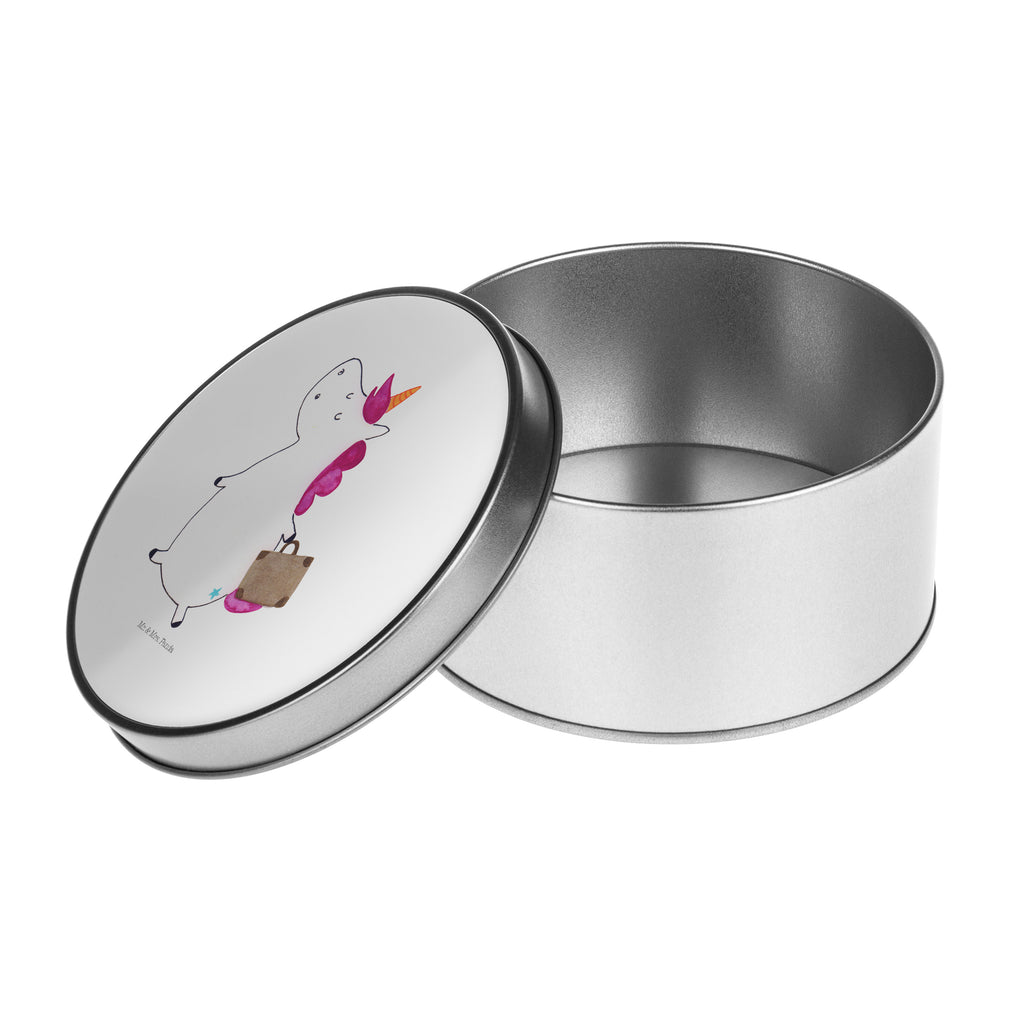 Blechdose rund Einhorn Koffer Metalldose, Keksdose, Dose, Vorratsdose, Geschenkbox, Einhorn, Einhörner, Einhorn Deko, Pegasus, Unicorn, unicorn, Koffer, Verreisen, Reise, Gepäck, Abenteuer, Erwachsen, Kind, albern, Spaß, lustig, witzig
