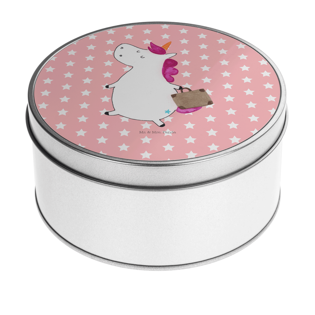 Blechdose rund Einhorn Koffer Metalldose, Keksdose, Dose, Vorratsdose, Geschenkbox, Einhorn, Einhörner, Einhorn Deko, Pegasus, Unicorn, unicorn, Koffer, Verreisen, Reise, Gepäck, Abenteuer, Erwachsen, Kind, albern, Spaß, lustig, witzig