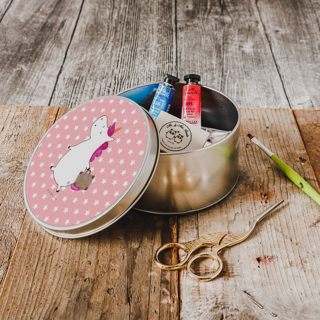 Blechdose rund Einhorn Koffer Metalldose, Keksdose, Dose, Vorratsdose, Geschenkbox, Einhorn, Einhörner, Einhorn Deko, Pegasus, Unicorn, unicorn, Koffer, Verreisen, Reise, Gepäck, Abenteuer, Erwachsen, Kind, albern, Spaß, lustig, witzig