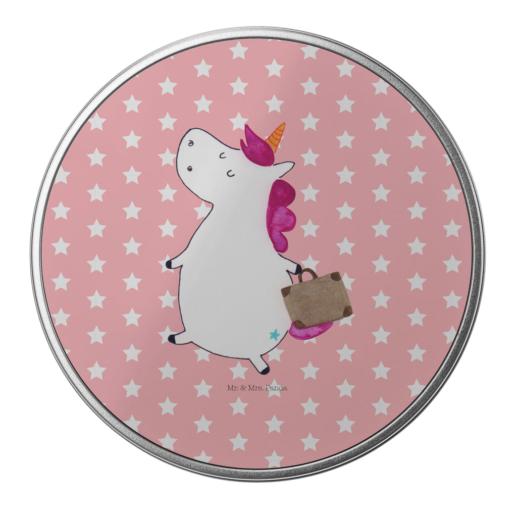 Blechdose rund Einhorn Koffer Metalldose, Keksdose, Dose, Vorratsdose, Geschenkbox, Einhorn, Einhörner, Einhorn Deko, Pegasus, Unicorn, unicorn, Koffer, Verreisen, Reise, Gepäck, Abenteuer, Erwachsen, Kind, albern, Spaß, lustig, witzig