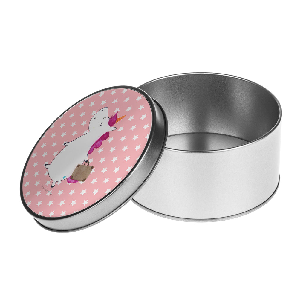 Blechdose rund Einhorn Koffer Metalldose, Keksdose, Dose, Vorratsdose, Geschenkbox, Einhorn, Einhörner, Einhorn Deko, Pegasus, Unicorn, unicorn, Koffer, Verreisen, Reise, Gepäck, Abenteuer, Erwachsen, Kind, albern, Spaß, lustig, witzig