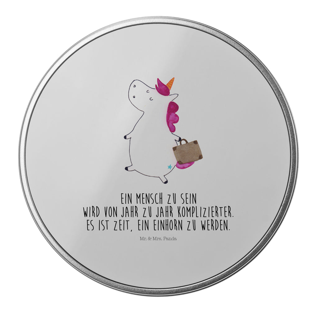 Blechdose rund Einhorn Koffer Metalldose, Keksdose, Dose, Vorratsdose, Geschenkbox, Einhorn, Einhörner, Einhorn Deko, Pegasus, Unicorn, unicorn, Koffer, Verreisen, Reise, Gepäck, Abenteuer, Erwachsen, Kind, albern, Spaß, lustig, witzig
