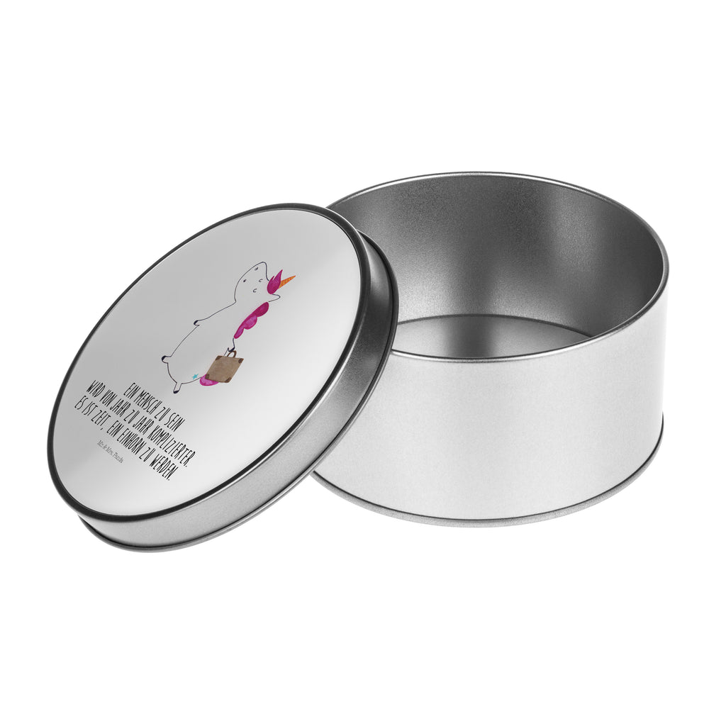Blechdose rund Einhorn Koffer Metalldose, Keksdose, Dose, Vorratsdose, Geschenkbox, Einhorn, Einhörner, Einhorn Deko, Pegasus, Unicorn, unicorn, Koffer, Verreisen, Reise, Gepäck, Abenteuer, Erwachsen, Kind, albern, Spaß, lustig, witzig