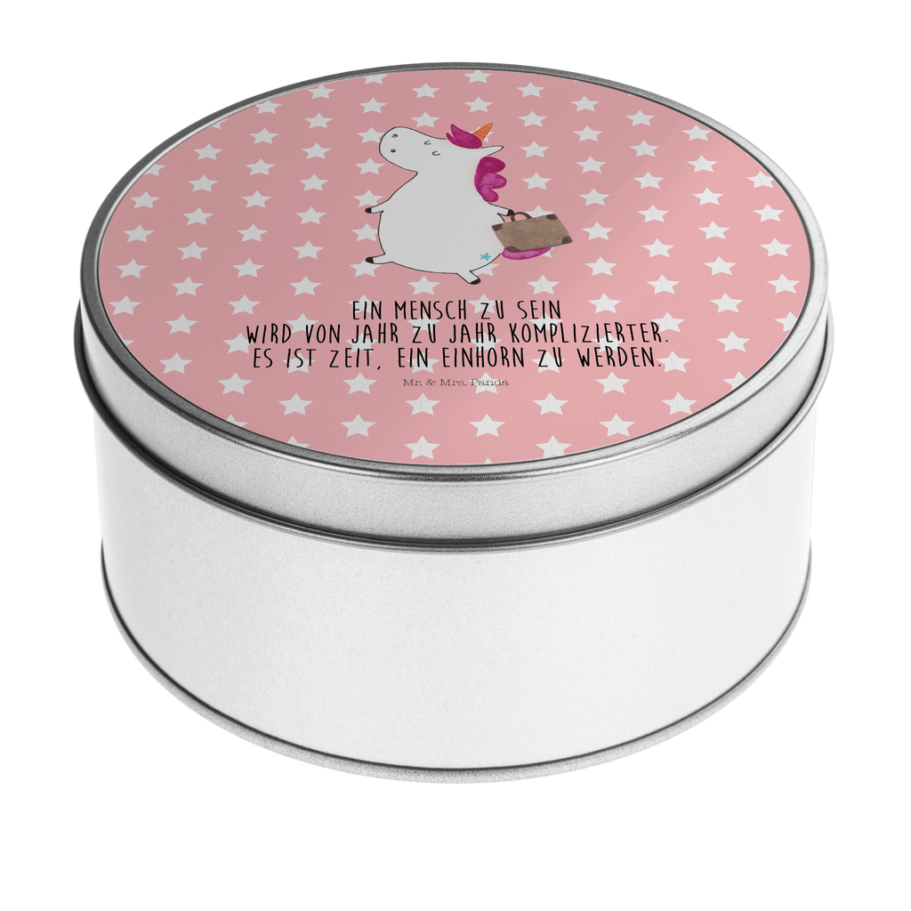 Blechdose rund Einhorn Koffer Metalldose, Keksdose, Dose, Vorratsdose, Geschenkbox, Einhorn, Einhörner, Einhorn Deko, Pegasus, Unicorn, unicorn, Koffer, Verreisen, Reise, Gepäck, Abenteuer, Erwachsen, Kind, albern, Spaß, lustig, witzig
