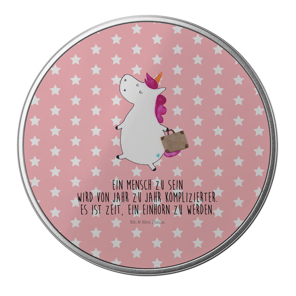 Blechdose rund Einhorn Koffer Metalldose, Keksdose, Dose, Vorratsdose, Geschenkbox, Einhorn, Einhörner, Einhorn Deko, Pegasus, Unicorn, unicorn, Koffer, Verreisen, Reise, Gepäck, Abenteuer, Erwachsen, Kind, albern, Spaß, lustig, witzig