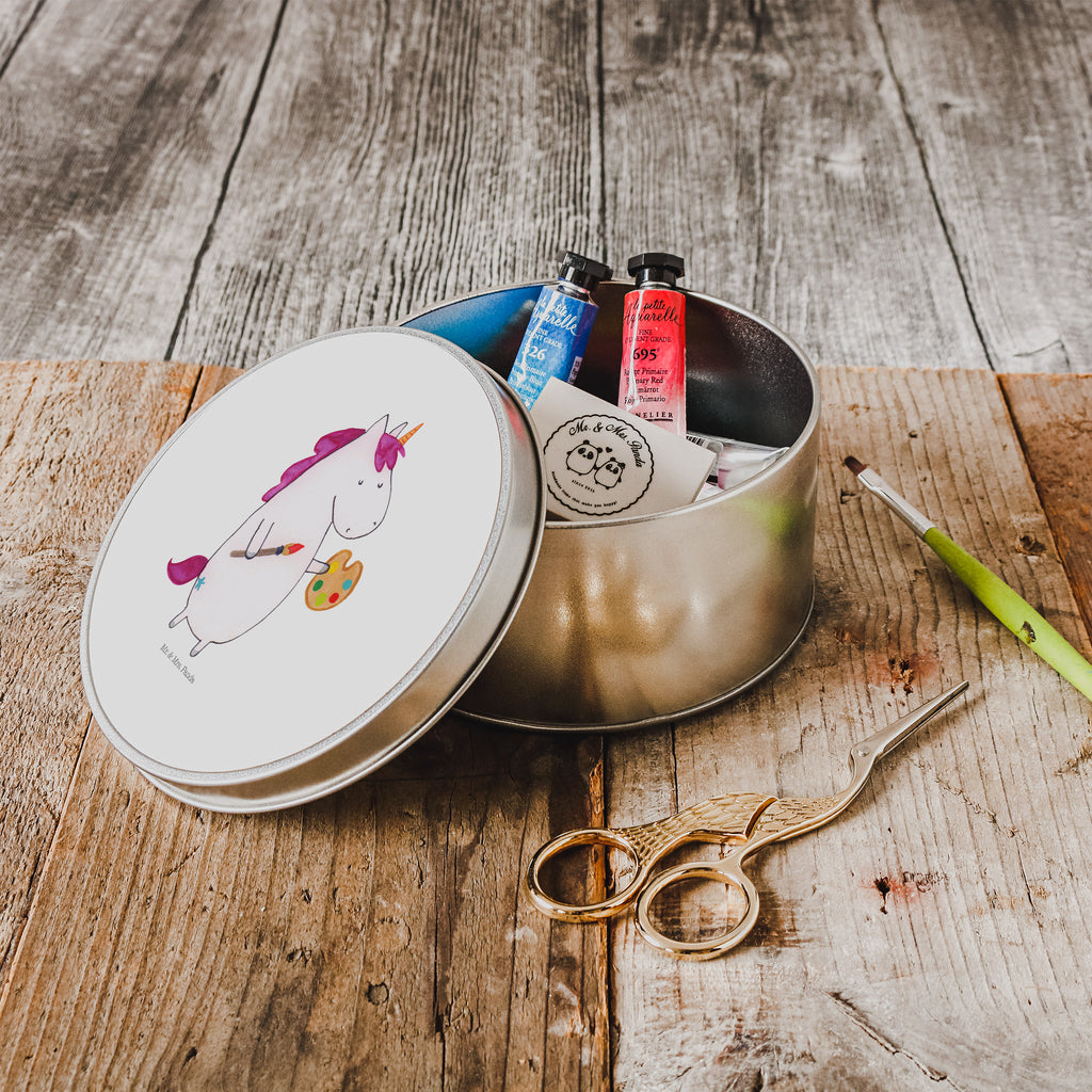 Blechdose rund Einhorn Künstler Metalldose, Keksdose, Dose, Vorratsdose, Geschenkbox, Einhorn, Einhörner, Einhorn Deko, Pegasus, Unicorn, Englisch, Künstler, Artist, Malen, Zeichnen, Welt, Farbe, Stift, Pinsel, Geschenk, Maler