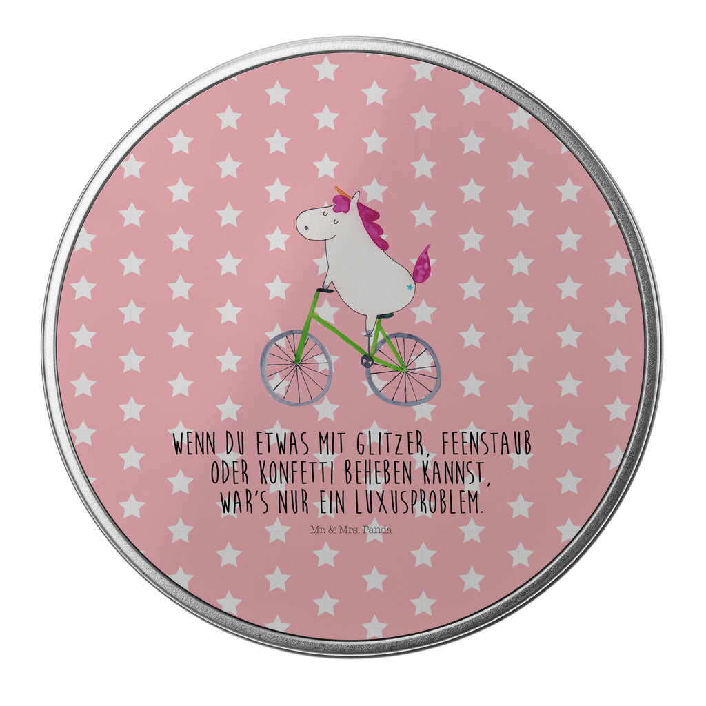 Blechdose rund Einhorn Radfahrer Metalldose, Keksdose, Dose, Vorratsdose, Geschenkbox, Einhorn, Einhörner, Einhorn Deko, Pegasus, Unicorn, Radfahren, Radfahrer, Rad, Bike, Feenstaub, Konfetti, Luxusproblem, Kummer, Liebeskummer