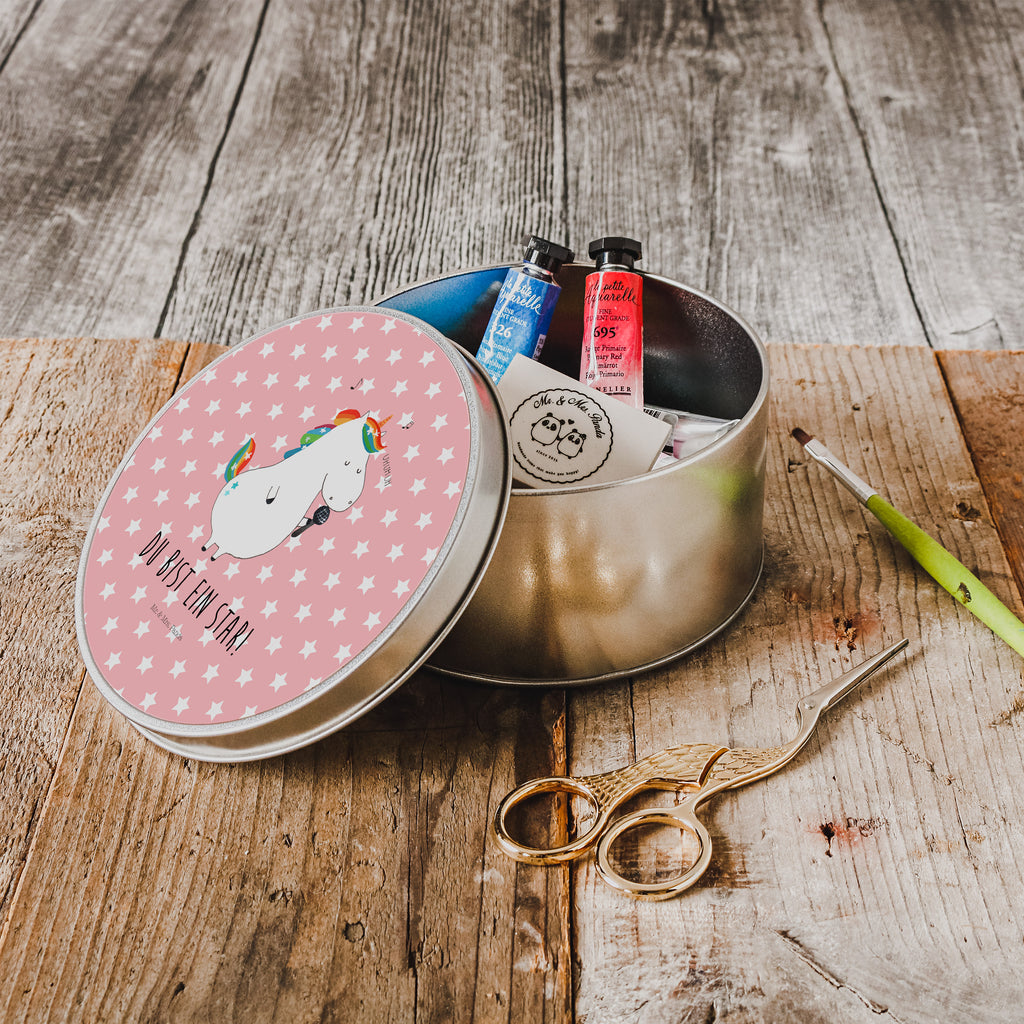 Blechdose rund Einhorn Sänger Metalldose, Keksdose, Dose, Vorratsdose, Geschenkbox, Einhorn, Einhörner, Einhorn Deko, Pegasus, Unicorn, Glitzer, Konfetti, Party, Geburtstag, Feier, Fest, Disco, Sängerin, Sänger, Freundin