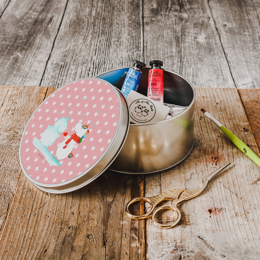 Blechdose rund Einhorn Schneemann Metalldose, Keksdose, Dose, Vorratsdose, Geschenkbox, Einhorn, Einhörner, Einhorn Deko, Pegasus, Unicorn, Schneemann, Winter, Schnee, Kuchen, Weihnachten, kalt, Mütze, Handschuhe, X-Mas
