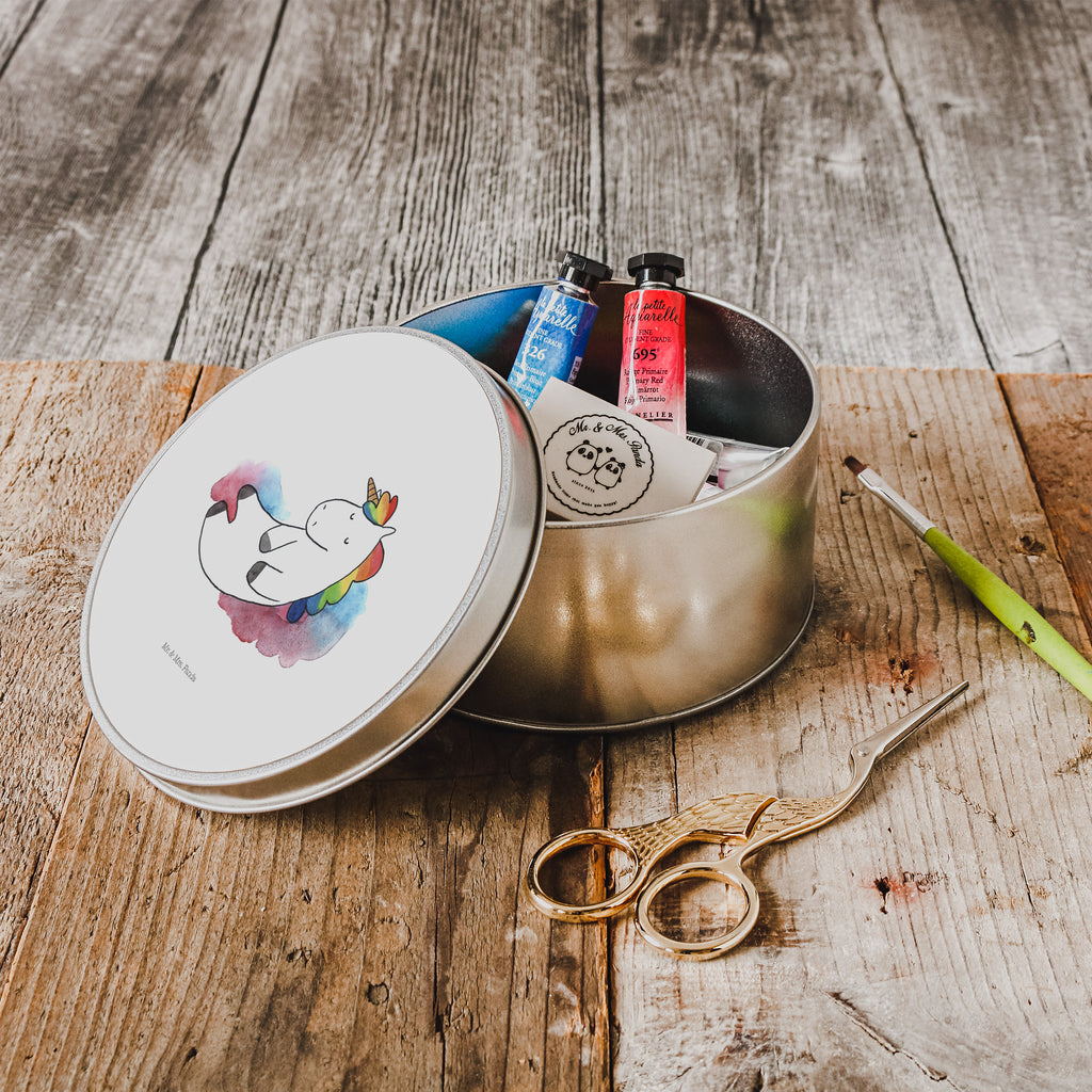 Blechdose rund Einhorn Wolke 7 Metalldose, Keksdose, Dose, Vorratsdose, Geschenkbox, Einhorn, Einhörner, Einhorn Deko, Pegasus, Unicorn, verliebt, Menschen, witzig, lustig, Geschenk, Glaube, Realität, Lächeln