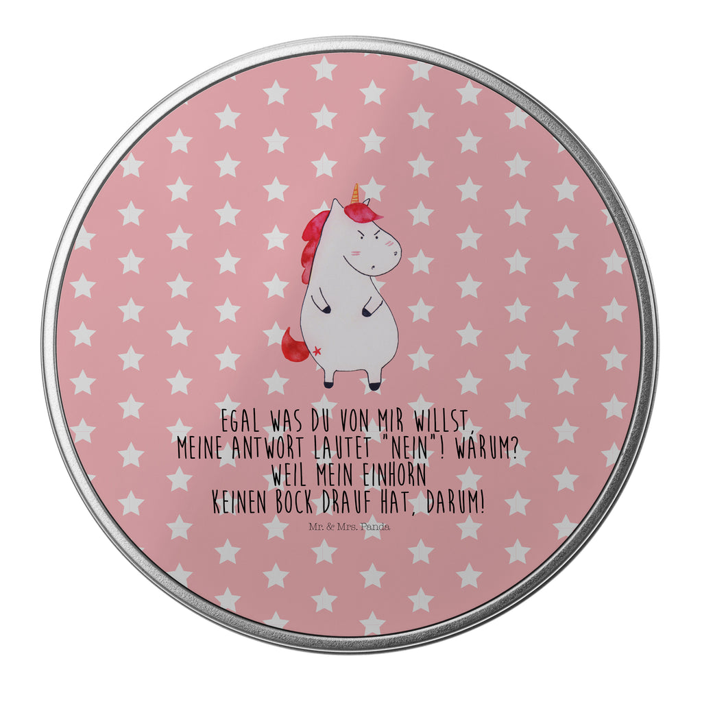 Blechdose rund Einhorn wütend Metalldose, Keksdose, Dose, Vorratsdose, Geschenkbox, Einhorn, Einhörner, Einhorn Deko, Pegasus, Unicorn, Realität, Ansage, lustlos, nein, Büro, Arbeit, wütend, dumme Fragen, lustig, Spaß, Geschenk