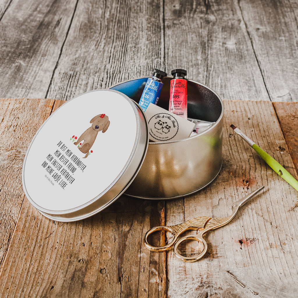 Blechdose rund Hund Hundedame Metalldose, Keksdose, Dose, Vorratsdose, Geschenkbox, Hund, Hundemotiv, Haustier, Hunderasse, Tierliebhaber, Hundebesitzer, Sprüche, Hunde, Hundeliebe, Hundeglück, Liebe, Frauchen