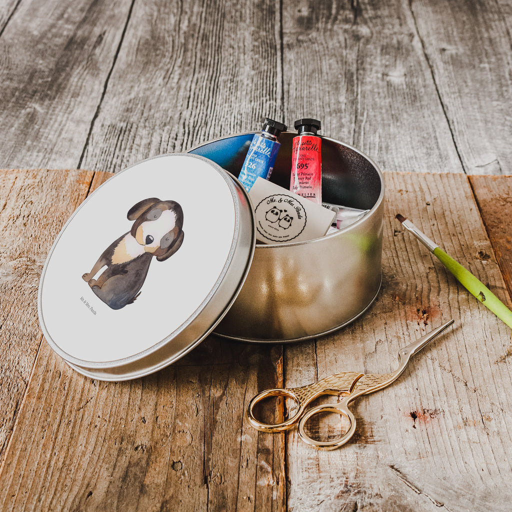 Blechdose rund Hund entspannt Metalldose, Keksdose, Dose, Vorratsdose, Geschenkbox, Hund, Hundemotiv, Haustier, Hunderasse, Tierliebhaber, Hundebesitzer, Sprüche, schwarzer Hund, Hundeliebe, Liebe, Hundeglück