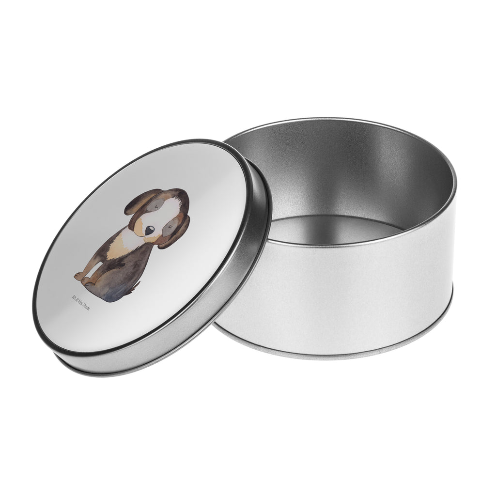 Blechdose rund Hund entspannt Metalldose, Keksdose, Dose, Vorratsdose, Geschenkbox, Hund, Hundemotiv, Haustier, Hunderasse, Tierliebhaber, Hundebesitzer, Sprüche, schwarzer Hund, Hundeliebe, Liebe, Hundeglück