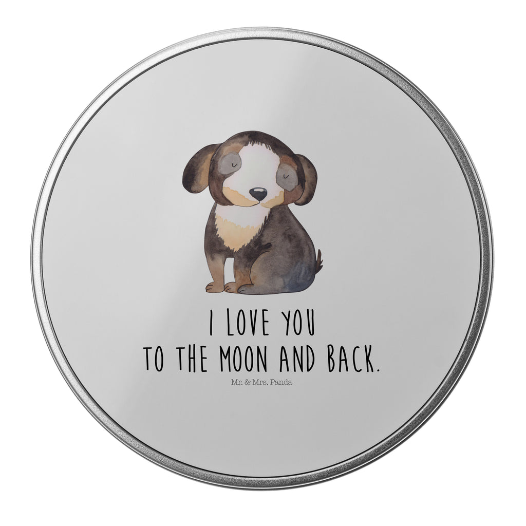Blechdose rund Hund entspannt Metalldose, Keksdose, Dose, Vorratsdose, Geschenkbox, Hund, Hundemotiv, Haustier, Hunderasse, Tierliebhaber, Hundebesitzer, Sprüche, schwarzer Hund, Hundeliebe, Liebe, Hundeglück