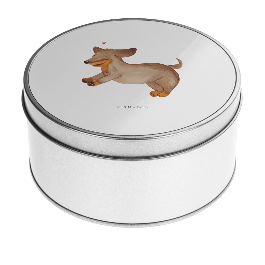 Blechdose rund Hund Dackel fröhlich Metalldose, Keksdose, Dose, Vorratsdose, Geschenkbox, Hund, Hundemotiv, Haustier, Hunderasse, Tierliebhaber, Hundebesitzer, Sprüche, Hunde, Dackel, Dachshund, happy dog