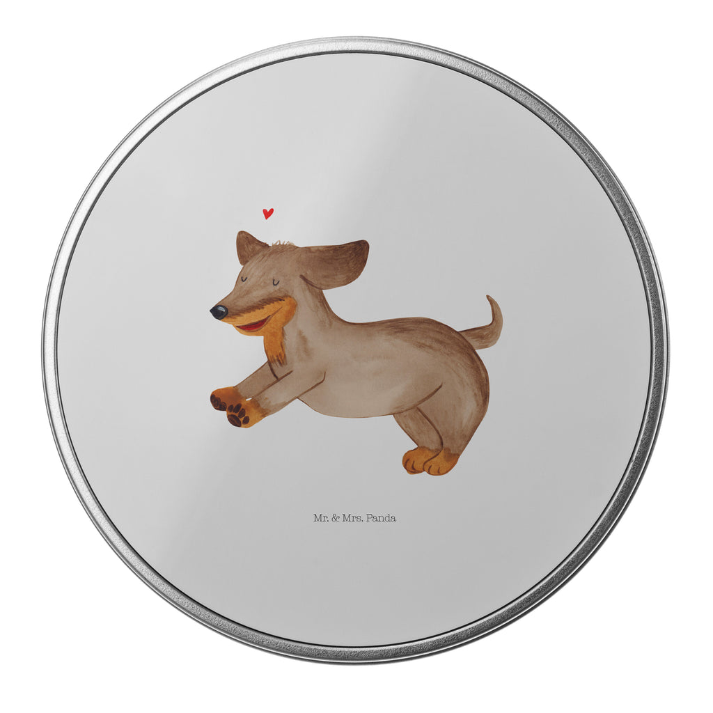 Blechdose rund Hund Dackel fröhlich Metalldose, Keksdose, Dose, Vorratsdose, Geschenkbox, Hund, Hundemotiv, Haustier, Hunderasse, Tierliebhaber, Hundebesitzer, Sprüche, Hunde, Dackel, Dachshund, happy dog