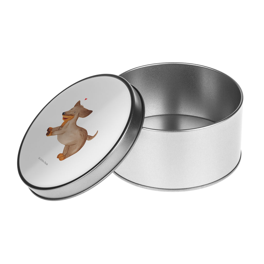 Blechdose rund Hund Dackel fröhlich Metalldose, Keksdose, Dose, Vorratsdose, Geschenkbox, Hund, Hundemotiv, Haustier, Hunderasse, Tierliebhaber, Hundebesitzer, Sprüche, Hunde, Dackel, Dachshund, happy dog