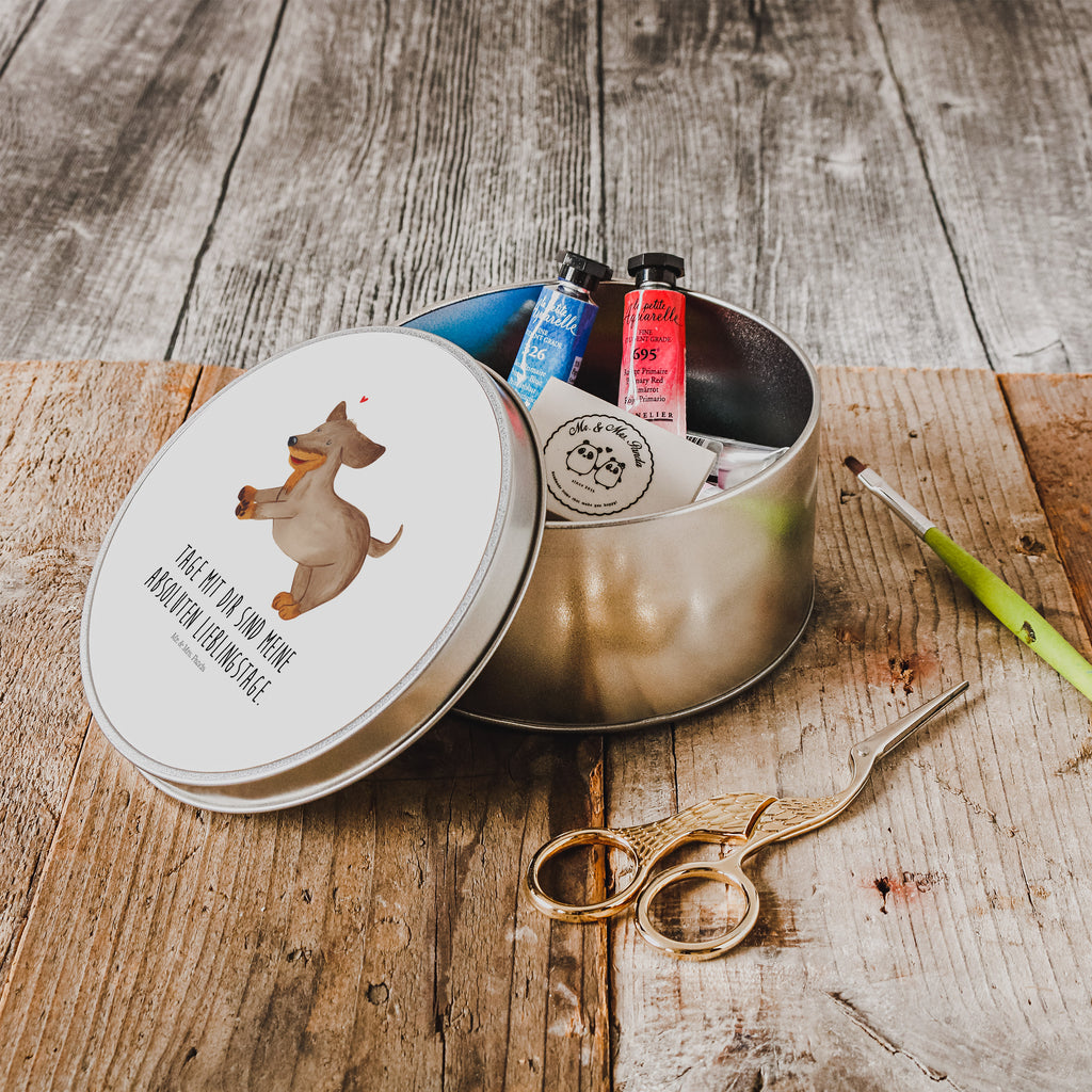 Blechdose rund Hund Dackel fröhlich Metalldose, Keksdose, Dose, Vorratsdose, Geschenkbox, Hund, Hundemotiv, Haustier, Hunderasse, Tierliebhaber, Hundebesitzer, Sprüche, Hunde, Dackel, Dachshund, happy dog