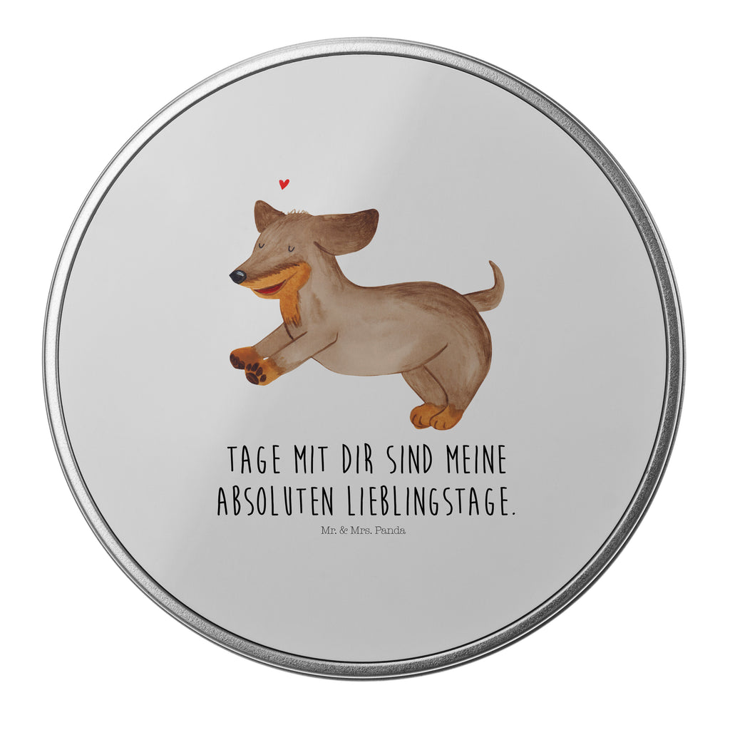Blechdose rund Hund Dackel fröhlich Metalldose, Keksdose, Dose, Vorratsdose, Geschenkbox, Hund, Hundemotiv, Haustier, Hunderasse, Tierliebhaber, Hundebesitzer, Sprüche, Hunde, Dackel, Dachshund, happy dog
