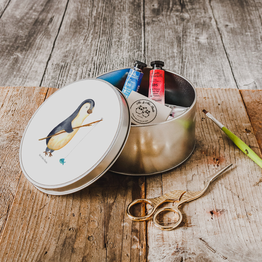 Blechdose rund Pinguin Angler Metalldose, Keksdose, Dose, Vorratsdose, Geschenkbox, Pinguin, Pinguine, Angeln, Angler, Tagträume, Hobby, Plan, Planer, Tagesplan, Neustart, Motivation, Geschenk, Freundinnen, Geschenkidee, Urlaub, Wochenende