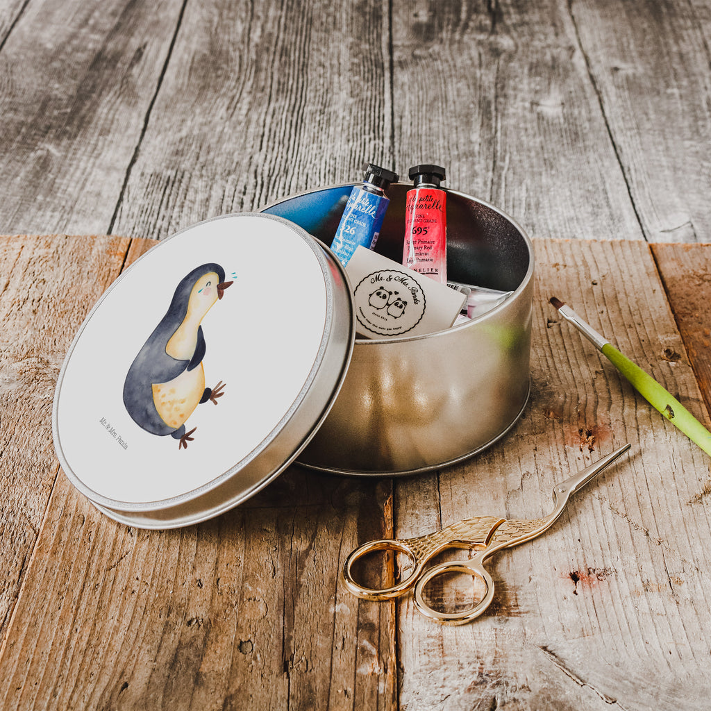 Blechdose rund Pinguin lachend Metalldose, Keksdose, Dose, Vorratsdose, Geschenkbox, Pinguin, Pinguine, lustiger Spruch, Optimismus, Fröhlich, Lachen, Humor, Fröhlichkeit