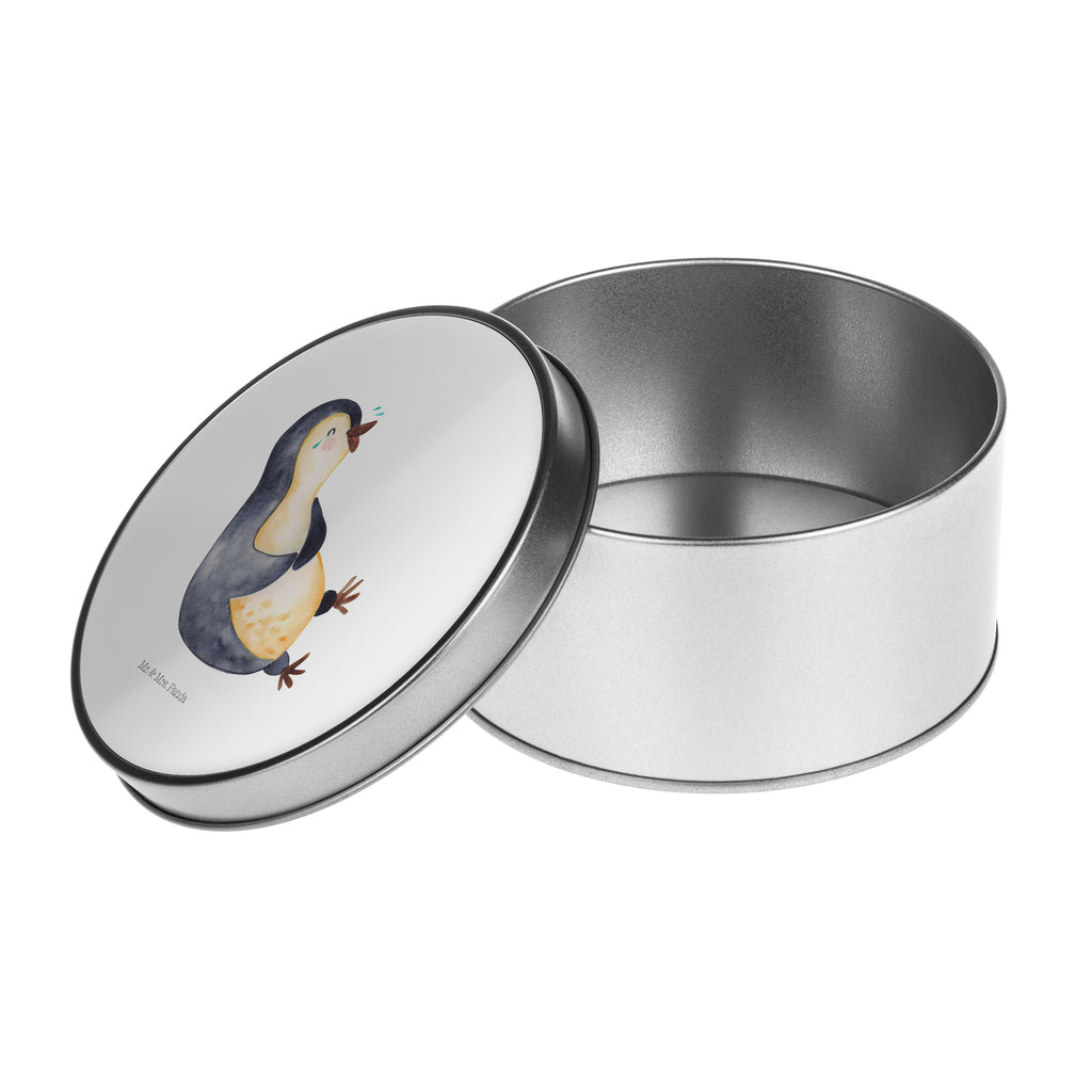Blechdose rund Pinguin lachend Metalldose, Keksdose, Dose, Vorratsdose, Geschenkbox, Pinguin, Pinguine, lustiger Spruch, Optimismus, Fröhlich, Lachen, Humor, Fröhlichkeit