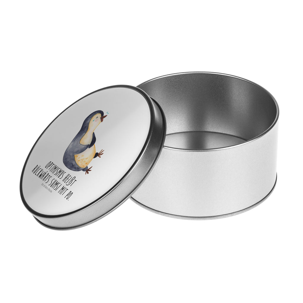 Blechdose rund Pinguin lachend Metalldose, Keksdose, Dose, Vorratsdose, Geschenkbox, Pinguin, Pinguine, lustiger Spruch, Optimismus, Fröhlich, Lachen, Humor, Fröhlichkeit