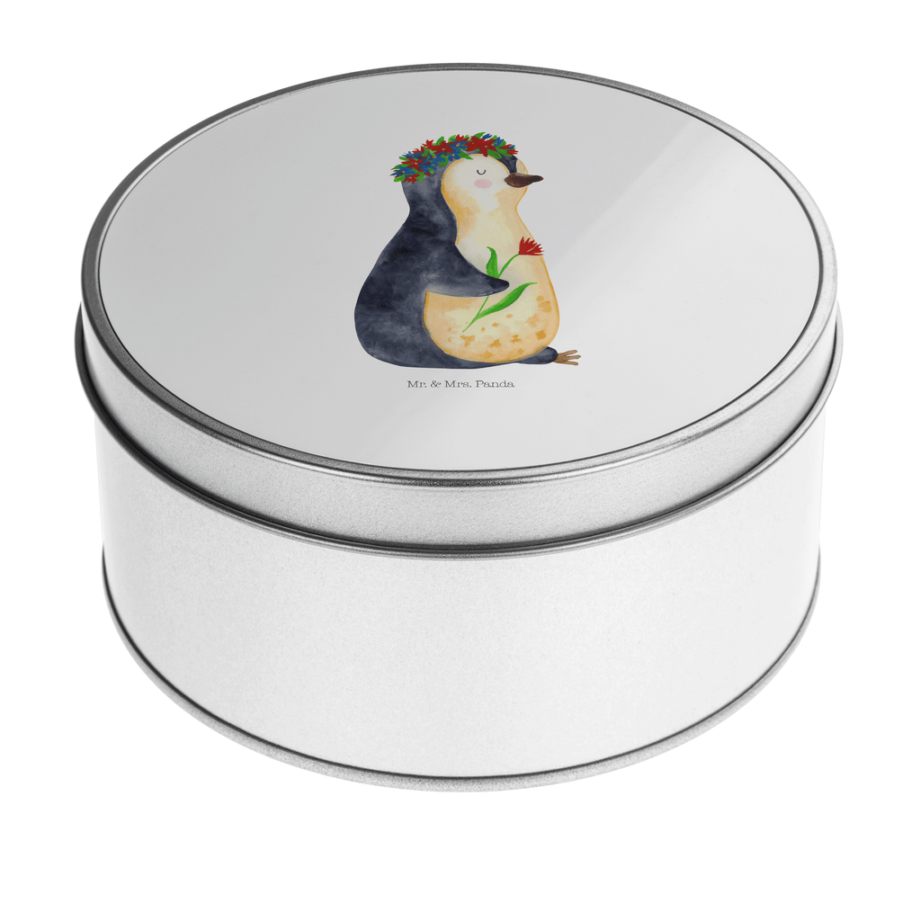 Blechdose rund Pinguin Blumenkranz Metalldose, Keksdose, Dose, Vorratsdose, Geschenkbox, Pinguin, Pinguine, Blumenkranz, Universum, Leben, Wünsche, Ziele, Lebensziele, Motivation, Lebenslust, Liebeskummer, Geschenkidee