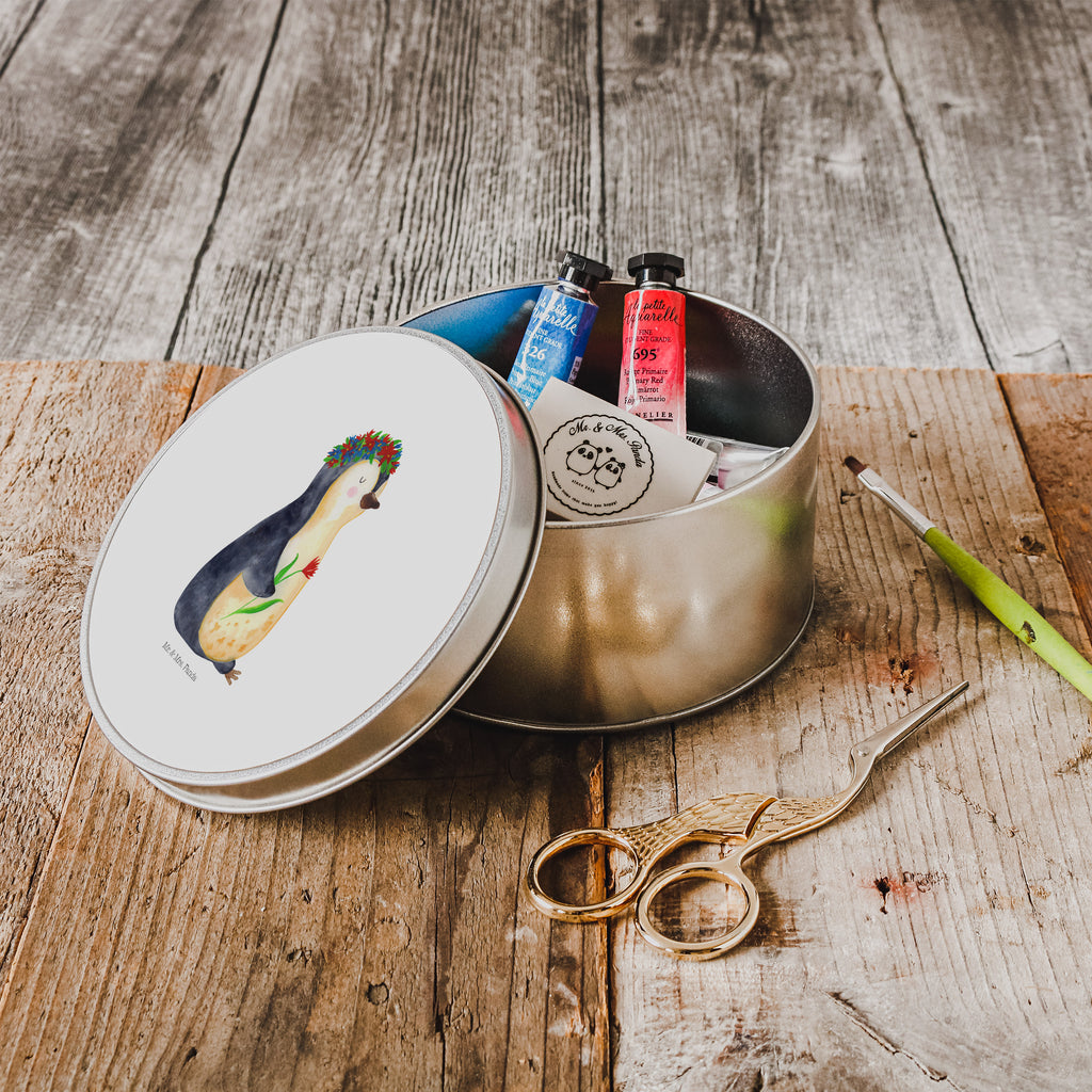Blechdose rund Pinguin Blumenkranz Metalldose, Keksdose, Dose, Vorratsdose, Geschenkbox, Pinguin, Pinguine, Blumenkranz, Universum, Leben, Wünsche, Ziele, Lebensziele, Motivation, Lebenslust, Liebeskummer, Geschenkidee