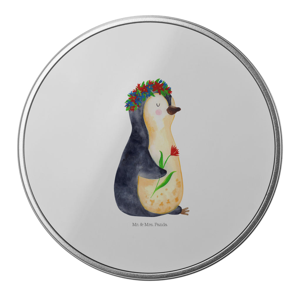 Blechdose rund Pinguin Blumenkranz Metalldose, Keksdose, Dose, Vorratsdose, Geschenkbox, Pinguin, Pinguine, Blumenkranz, Universum, Leben, Wünsche, Ziele, Lebensziele, Motivation, Lebenslust, Liebeskummer, Geschenkidee