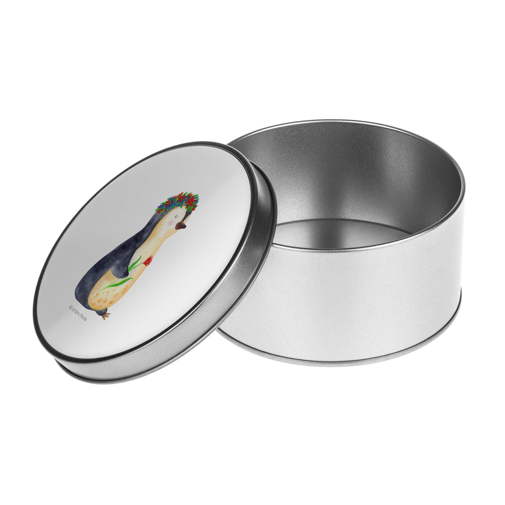 Blechdose rund Pinguin Blumenkranz Metalldose, Keksdose, Dose, Vorratsdose, Geschenkbox, Pinguin, Pinguine, Blumenkranz, Universum, Leben, Wünsche, Ziele, Lebensziele, Motivation, Lebenslust, Liebeskummer, Geschenkidee