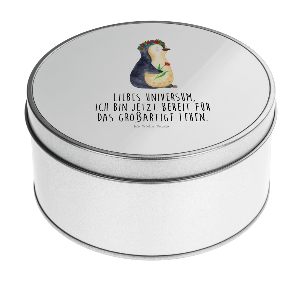 Blechdose rund Pinguin Blumenkranz Metalldose, Keksdose, Dose, Vorratsdose, Geschenkbox, Pinguin, Pinguine, Blumenkranz, Universum, Leben, Wünsche, Ziele, Lebensziele, Motivation, Lebenslust, Liebeskummer, Geschenkidee