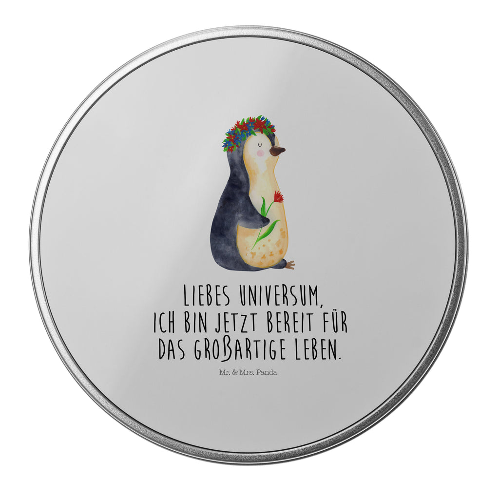 Blechdose rund Pinguin Blumenkranz Metalldose, Keksdose, Dose, Vorratsdose, Geschenkbox, Pinguin, Pinguine, Blumenkranz, Universum, Leben, Wünsche, Ziele, Lebensziele, Motivation, Lebenslust, Liebeskummer, Geschenkidee